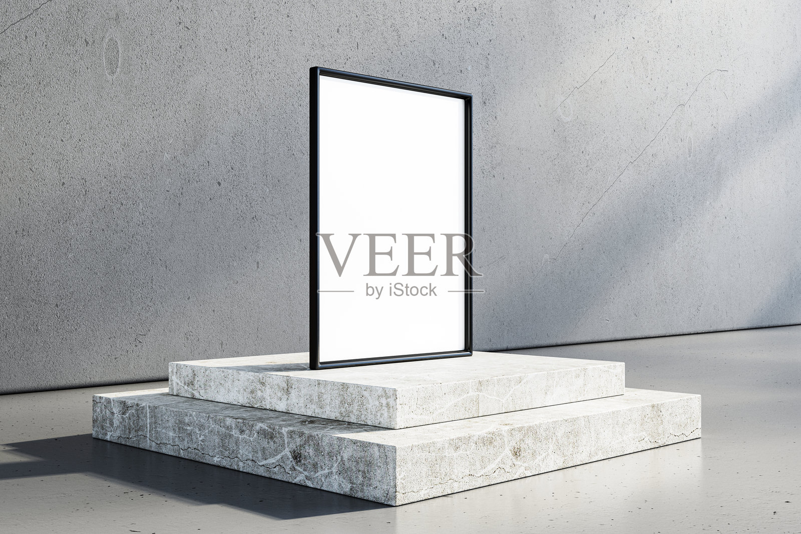 现代简约室内的石质讲台上放置着一个空白白色框架,背景是混凝土墙壁和地面。产品展示的概念。3D渲染。照片摄影图片