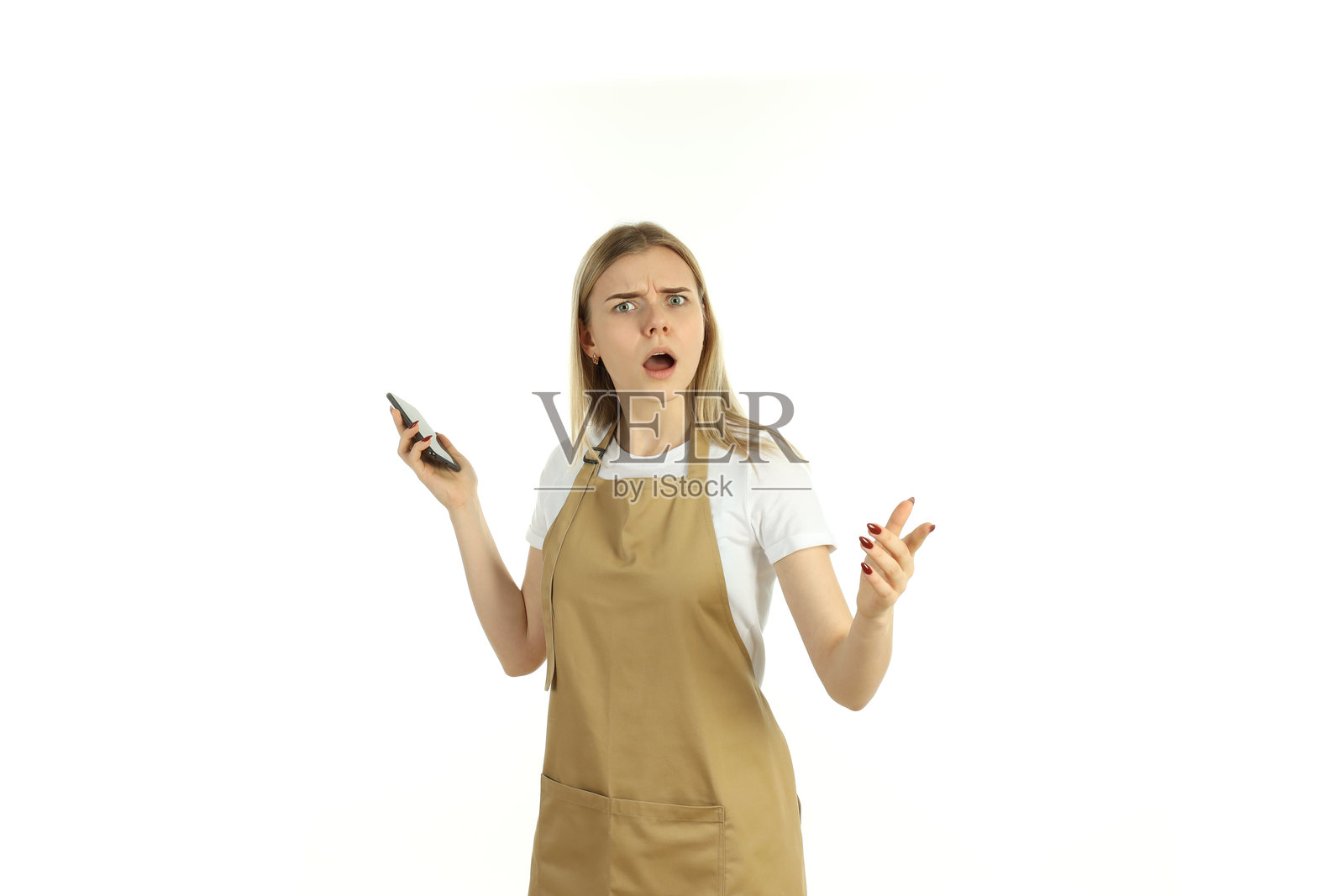 年轻女服务员在白色背景上独立站立照片摄影图片