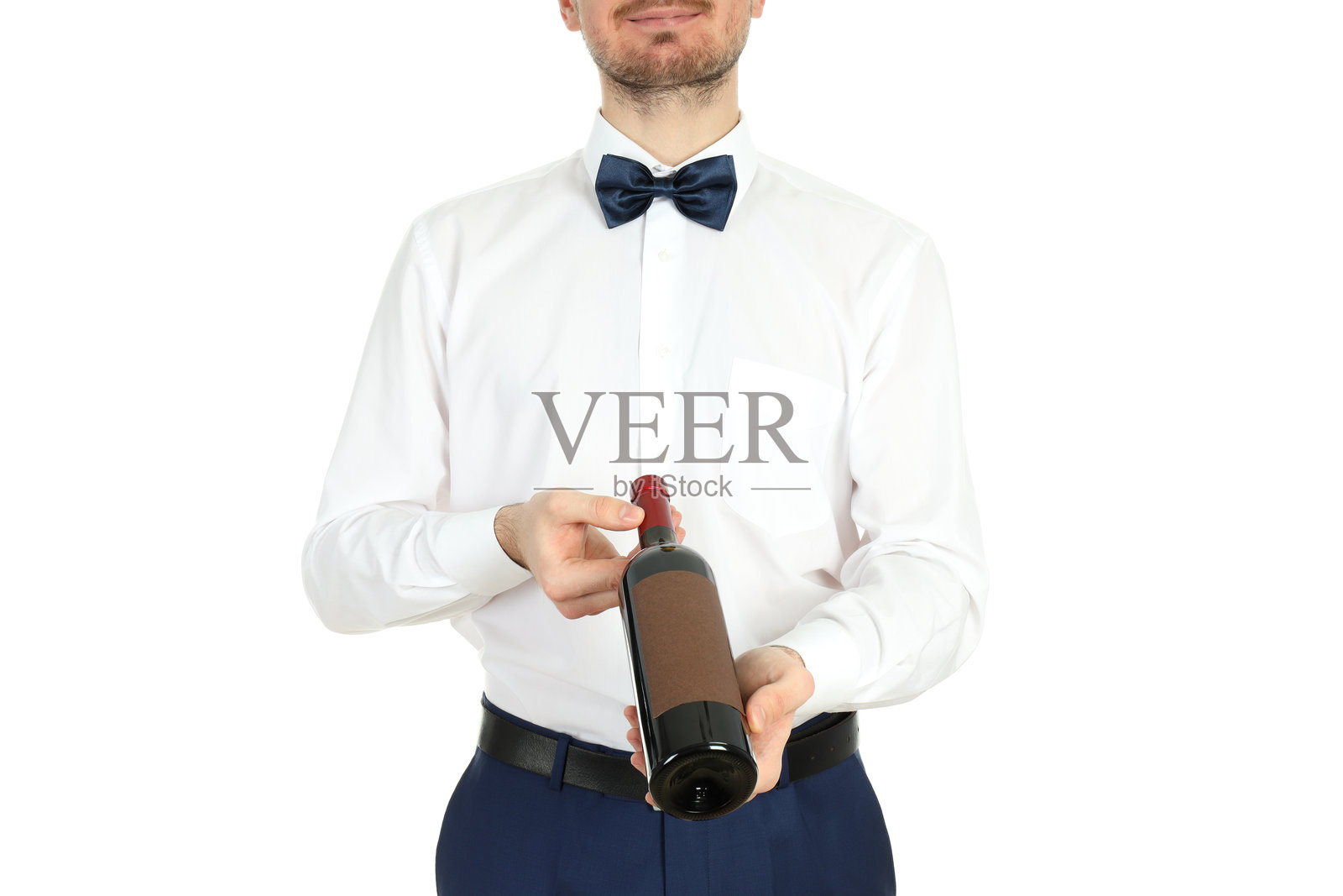 年轻男服务员在白色背景上独立站立照片摄影图片