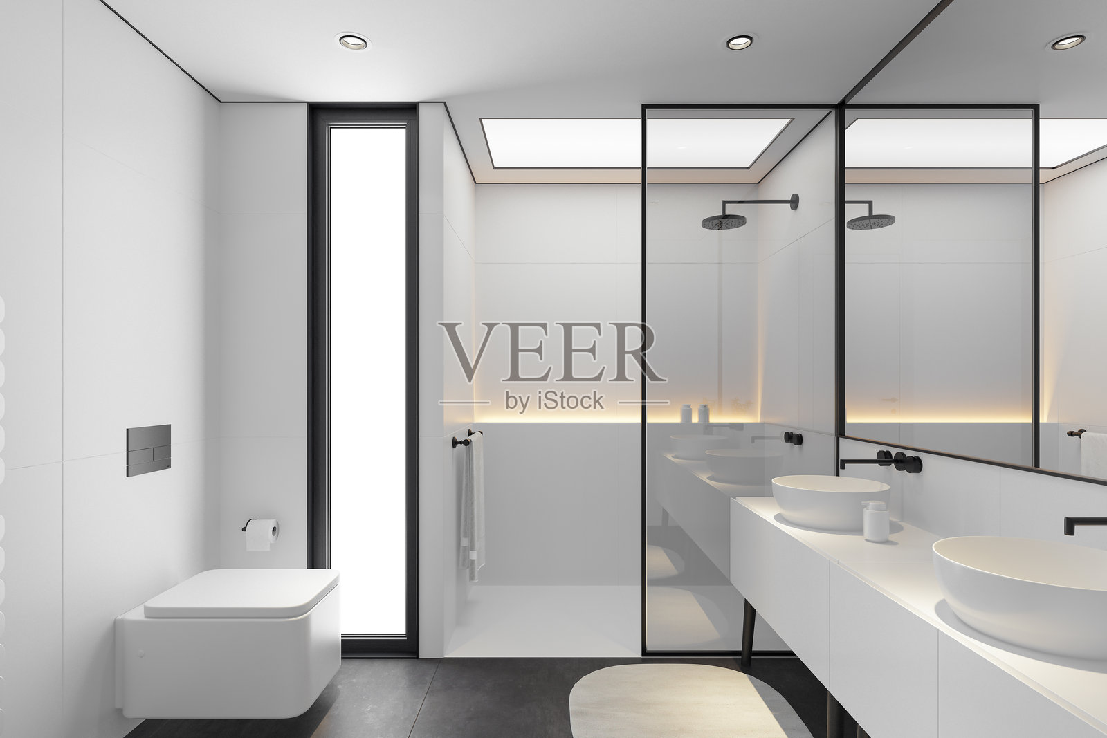 极简奢华浴室,白色墙壁与深色地板照片摄影图片