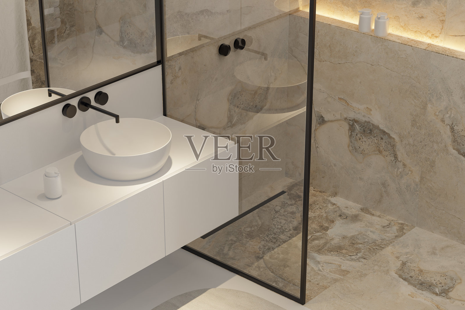 现代奢华浴室,配有双洗手盆和天然石材装饰照片摄影图片
