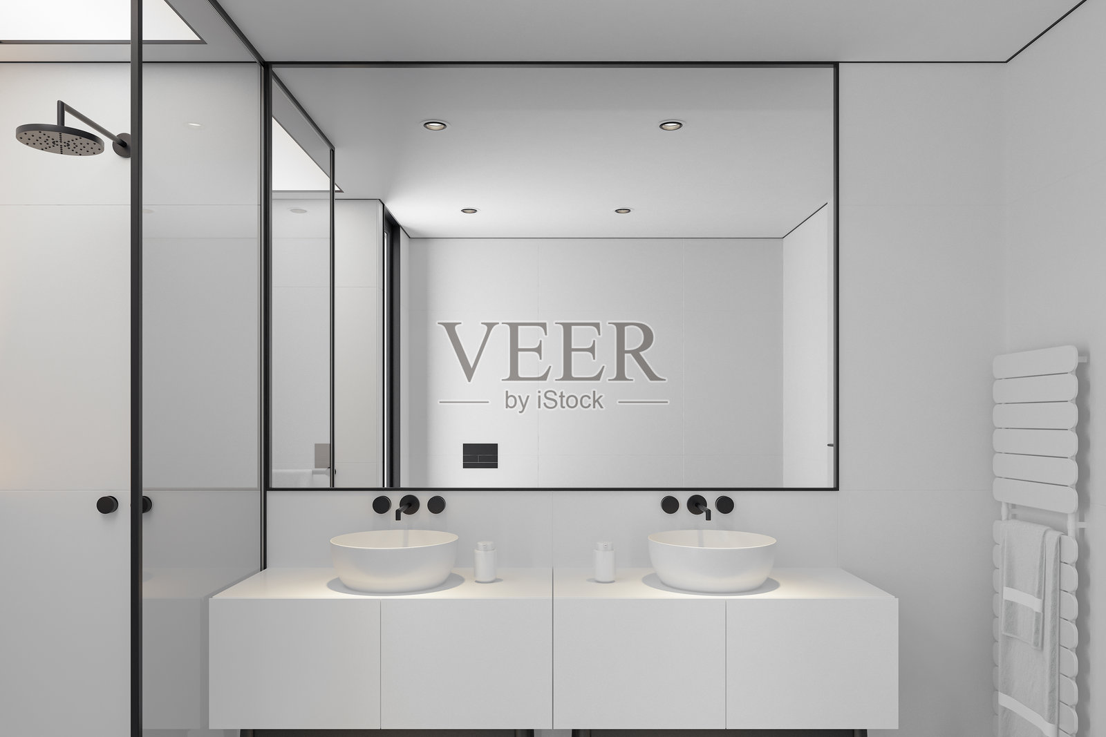 极简奢华浴室,白色墙壁与深色地板照片摄影图片