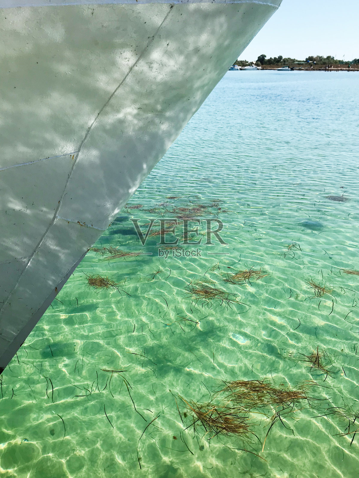 船头在清澈的绿松石色海水上,海藻清晰可见照片摄影图片
