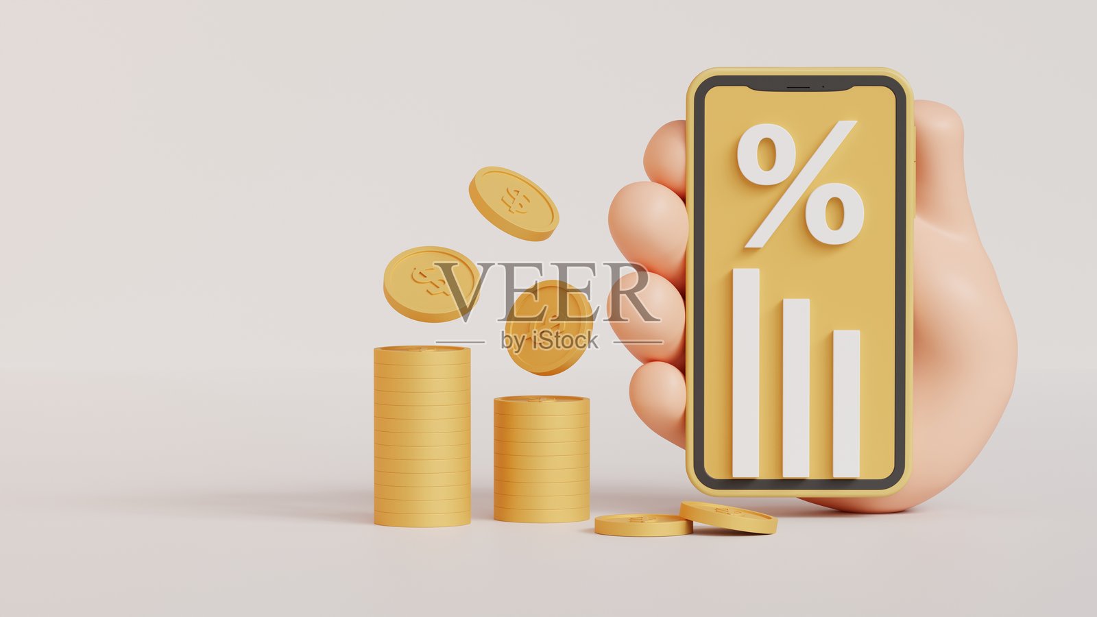 3D插图:一只手握着手机,手机上显示图形和百分比符号,桌子上有金色的硬币,背景为纯色。照片摄影图片
