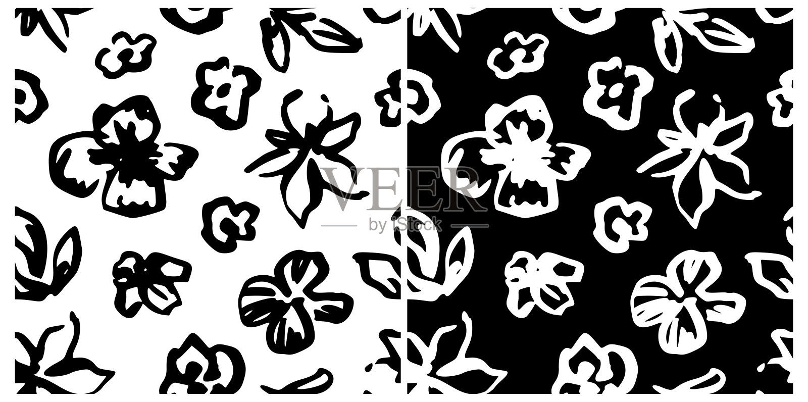 抽象黑白花卉图案,手绘墨水花朵。单色自由手绘的小雏菊、牡丹、玫瑰、盛开的壁纸。漂亮的笔触花卉无缝图案。热带叶子。插画图片素材