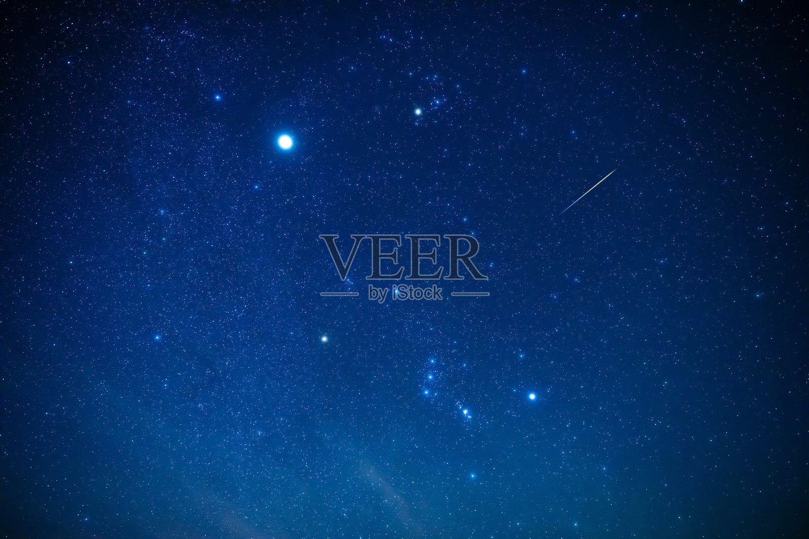 用广角镜头拍摄的猎户座银河星空。照片摄影图片