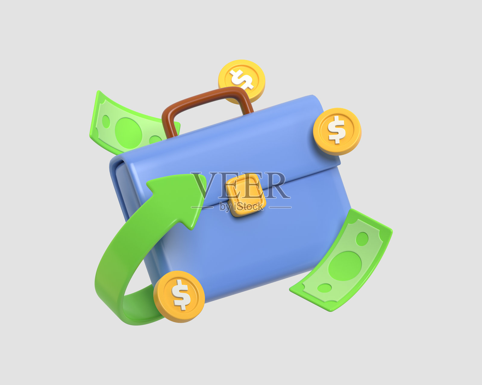 蓝色公文包的插图,周围漂浮着美元钞票、硬币和一根绿色向上箭头,象征着财务增长和投资成功。3D渲染图标插图。照片摄影图片