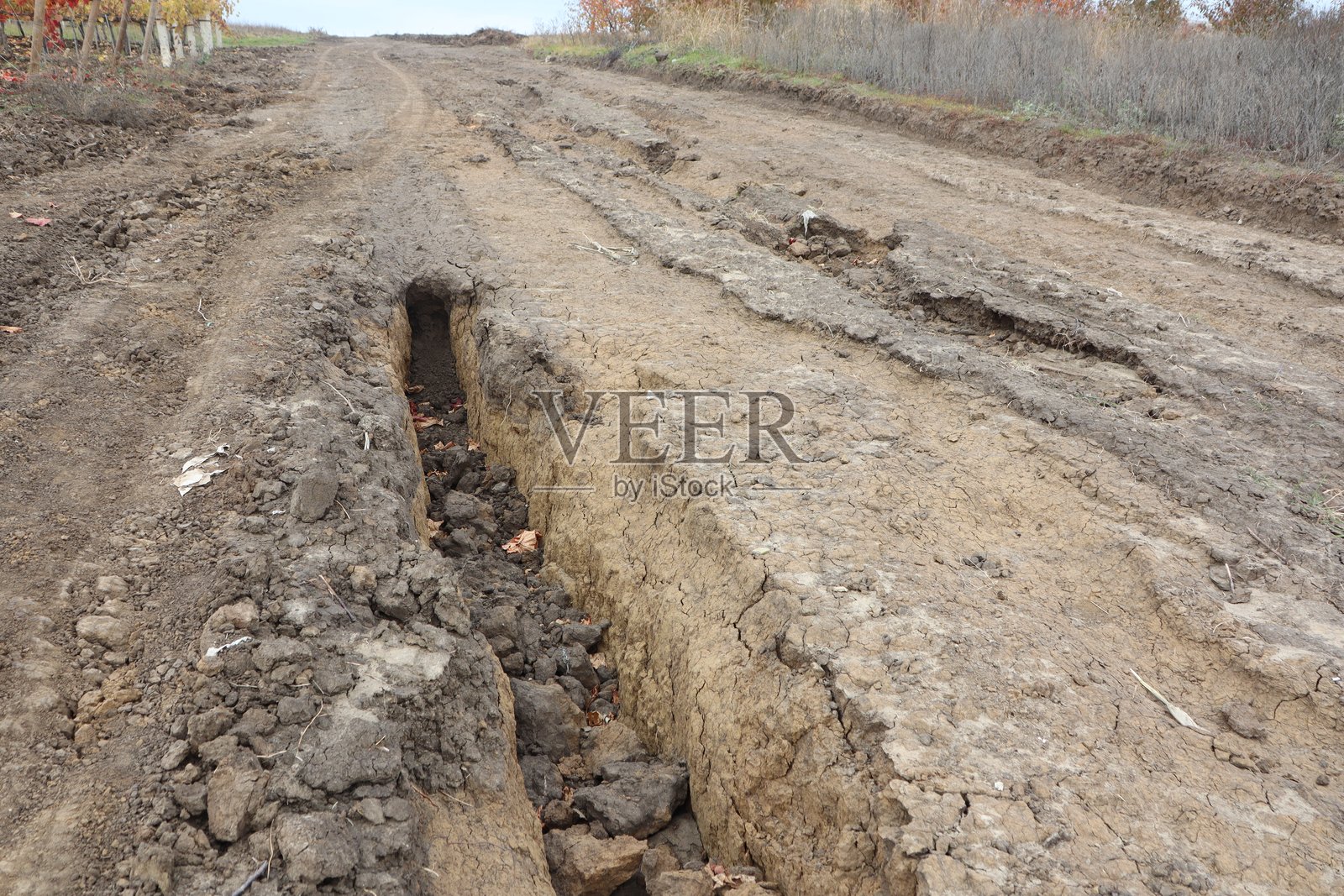 破裂且不平的泥土道路,明显的侵蚀和环境影响迹象照片摄影图片