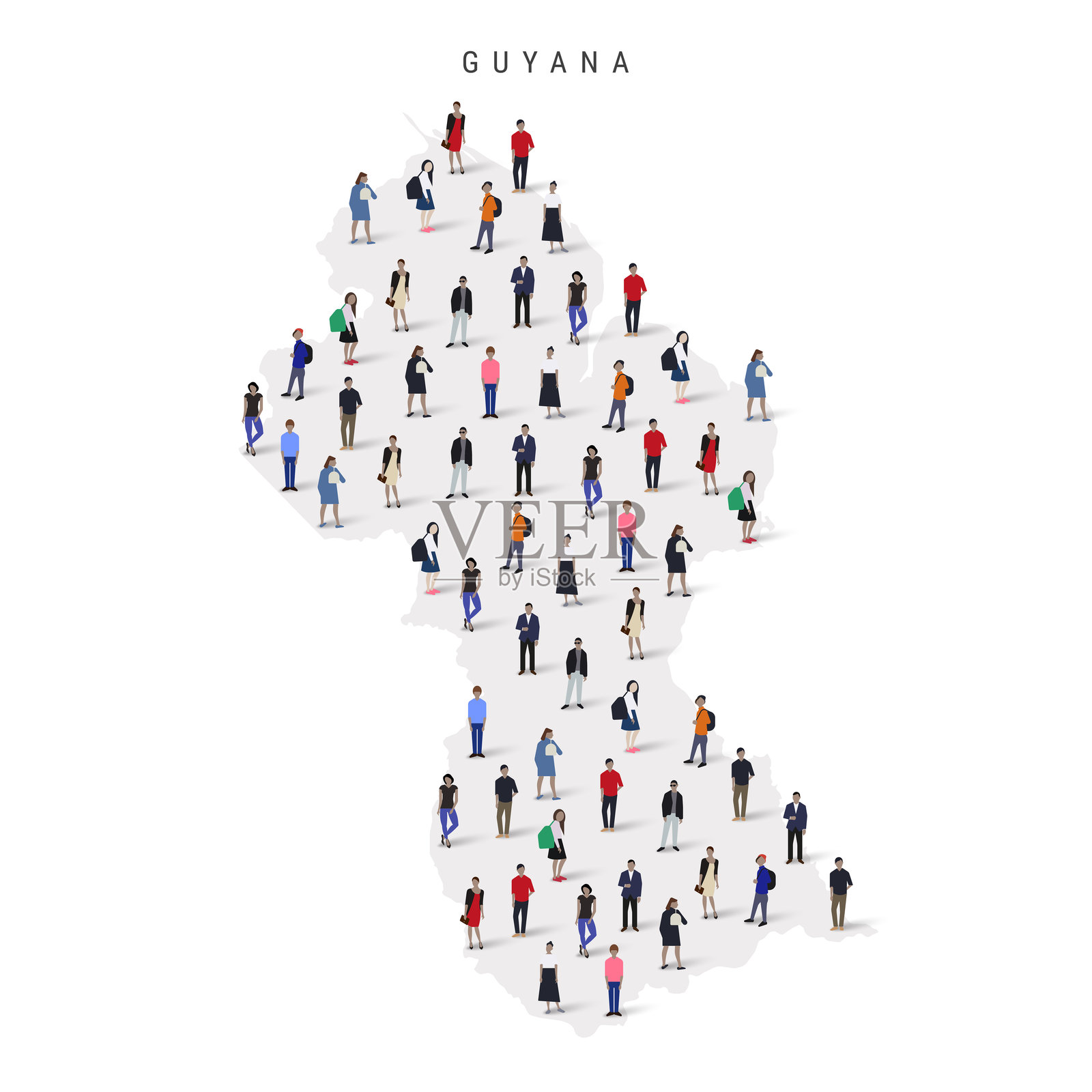 圭亚那人口地图。大量人群呈现出圭亚那的形状。平面矢量插图,背景为白色。插画图片素材