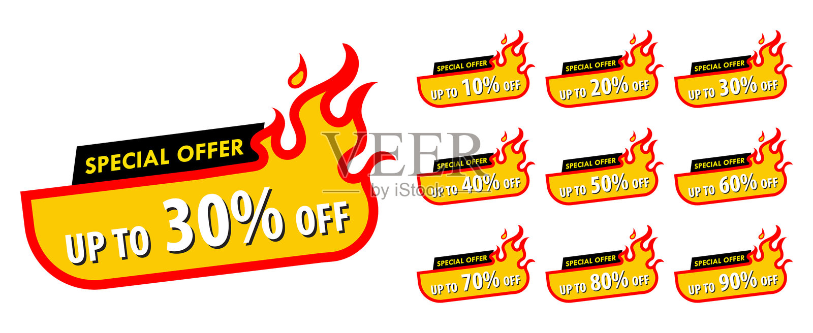 销售标签集矢量徽章模板,折扣高达10%、20%、30%、40%、50%、60%、70%、80%、90%,矢量插图,背景为白色。价格折扣标签图标扁平设计系列。不同折扣百分比的促销标签。插画图片素材