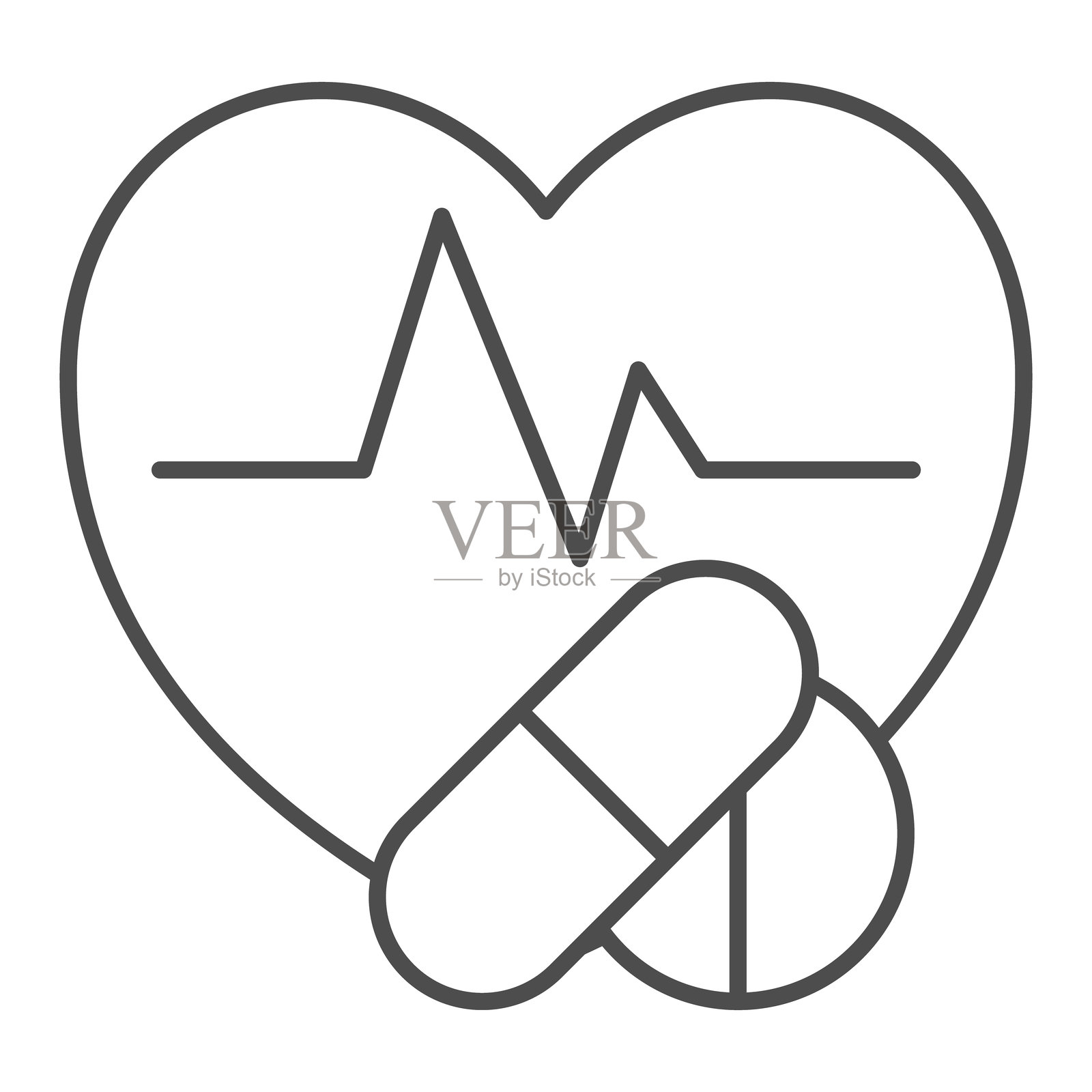 心脏脉搏与药物的细线图标,医学研究概念。矢量图形。心跳和胶囊、药丸符号,白色背景上的轮廓风格图标,适用于移动或网页设计。插画图片素材