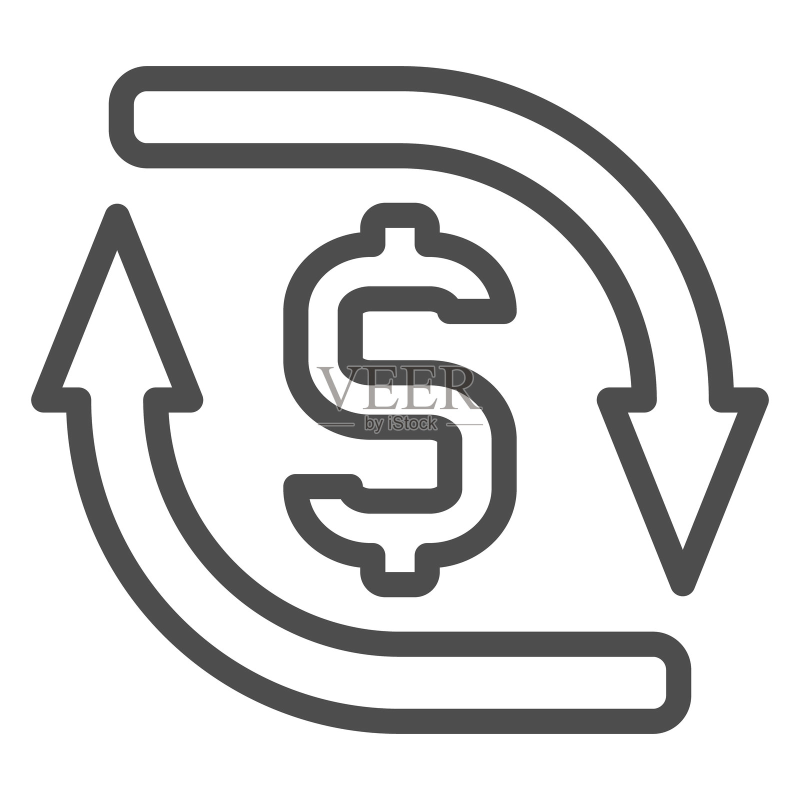 圆形箭头和美元线图标,银行账户概念。矢量图形。货币兑换循环标志,白色背景上的轮廓风格图标,适用于移动或网页设计。插画图片素材