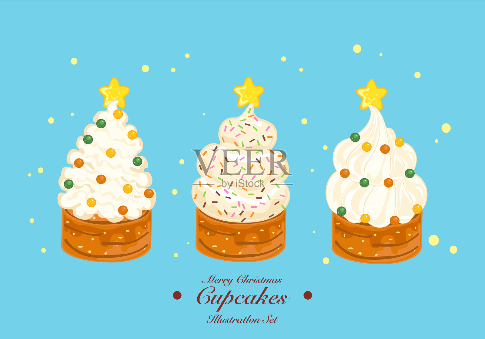 矢量插图,甜点,五彩缤纷的圣诞杯子蛋糕,姜饼和星星,自制的糖霜饼干或饼干,冬季美食。节日,快乐,庆祝。可爱的风格,独立展示。插画图片素材