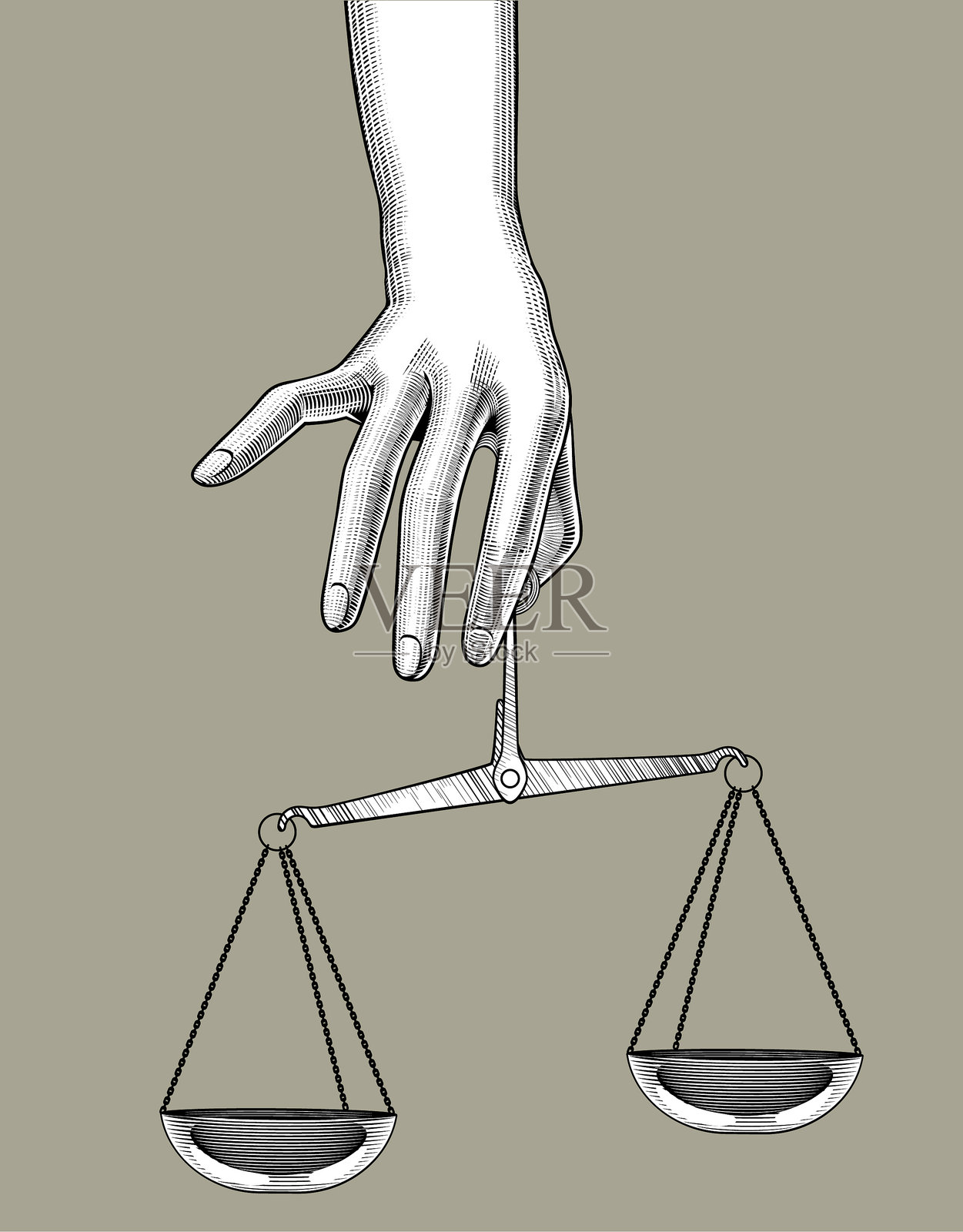 复古雕刻画的女性手与古老的天平插画图片素材