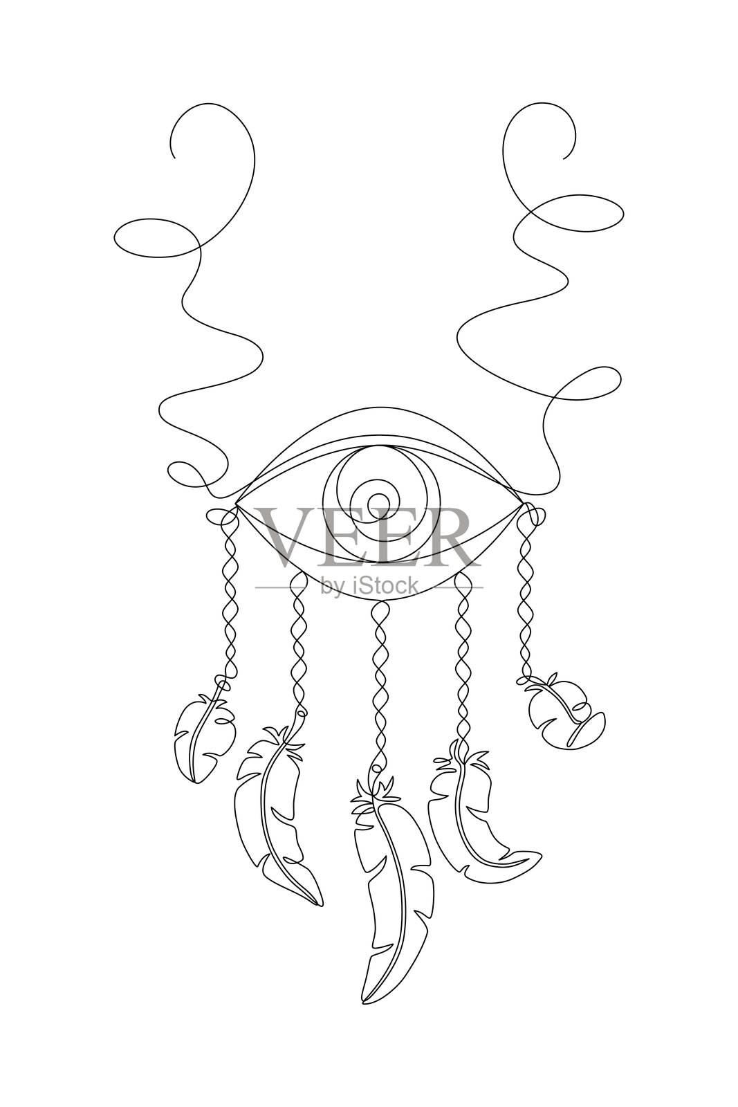 用连续线条绘制的梦捕手,印度部落的护身符,抵御负能量的护符,羽毛和眼睛,一条线,可编辑的矢量轮廓插画图片素材