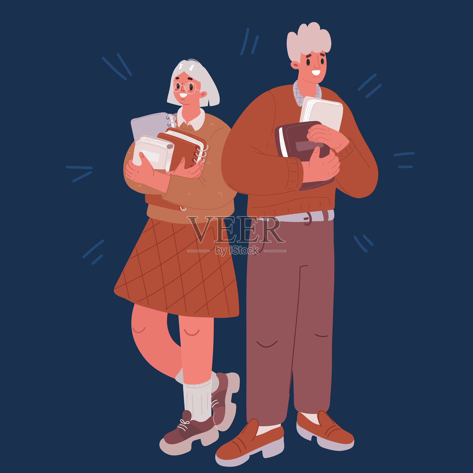 年轻学生情侣手持课本并肩而立的卡通矢量插图。插画图片素材