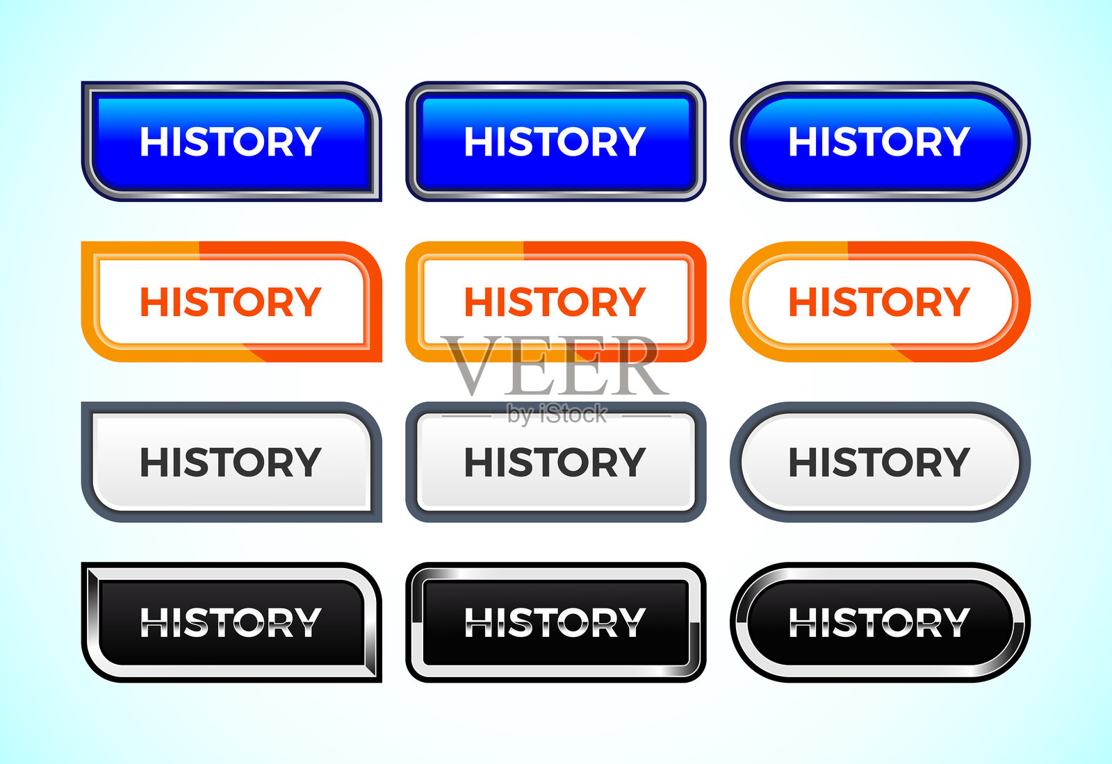 历史按钮集,包含不同形状和颜色。适合移动应用和网站用户界面设计。插画图片素材
