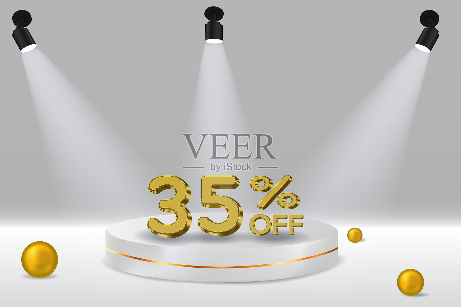 35%折扣。3D真实感金色数字。白色展台。金色数字。适用于产品、广告、网页横幅、传单、证书和明信片的模板。矢量图。插画图片素材