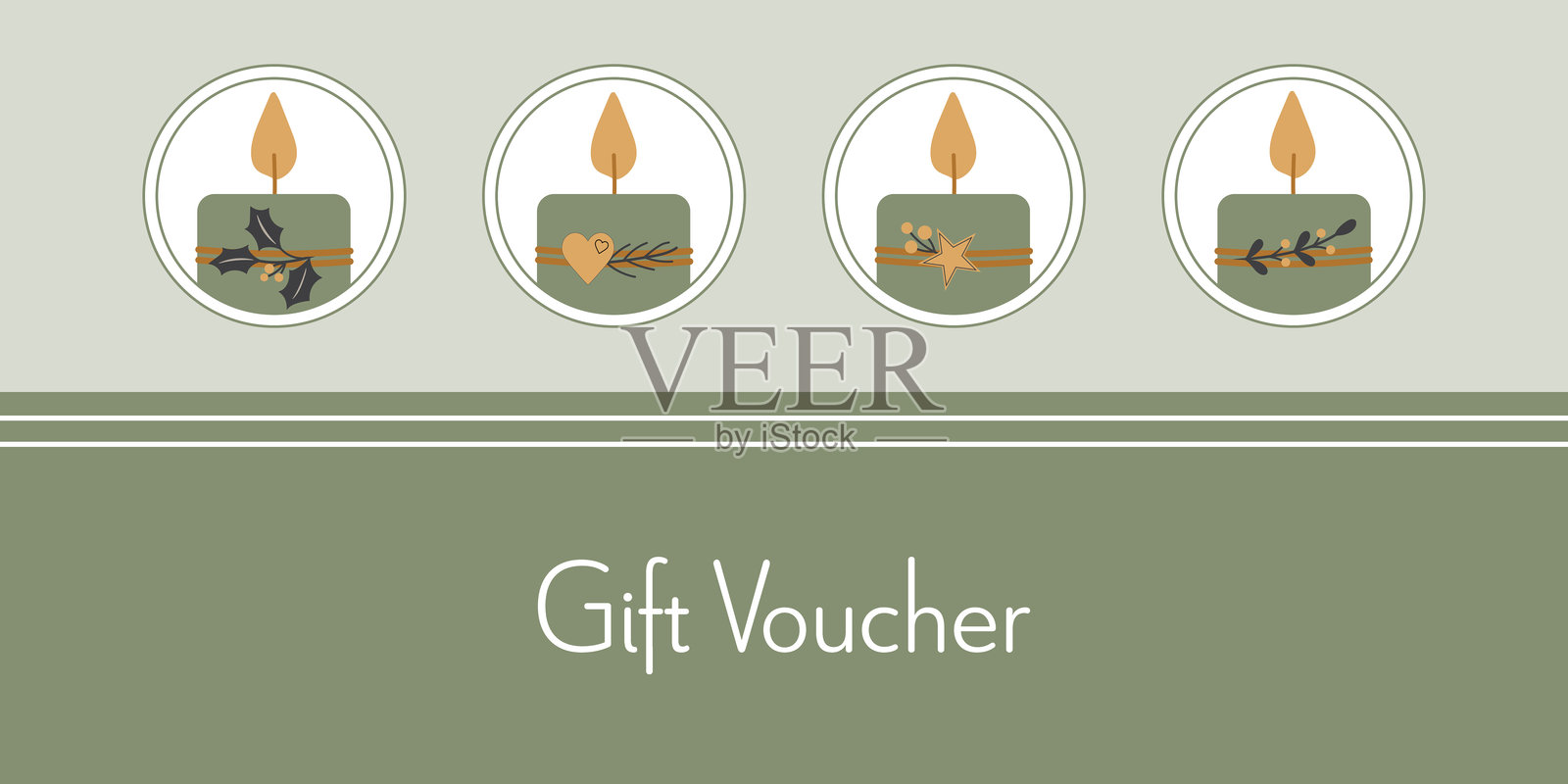 礼品券。带有四根装饰蜡烛的券卡,颜色为绿色、金色和深灰色。插画图片素材