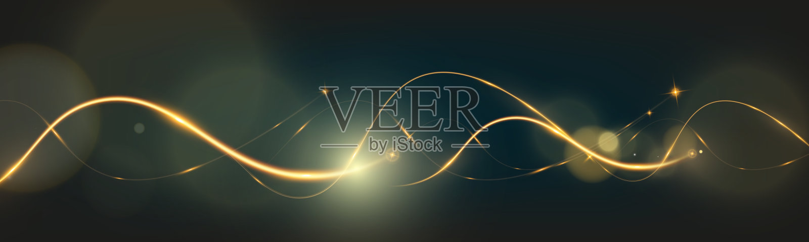 黑色背景上的金色发光波浪线。插画图片素材