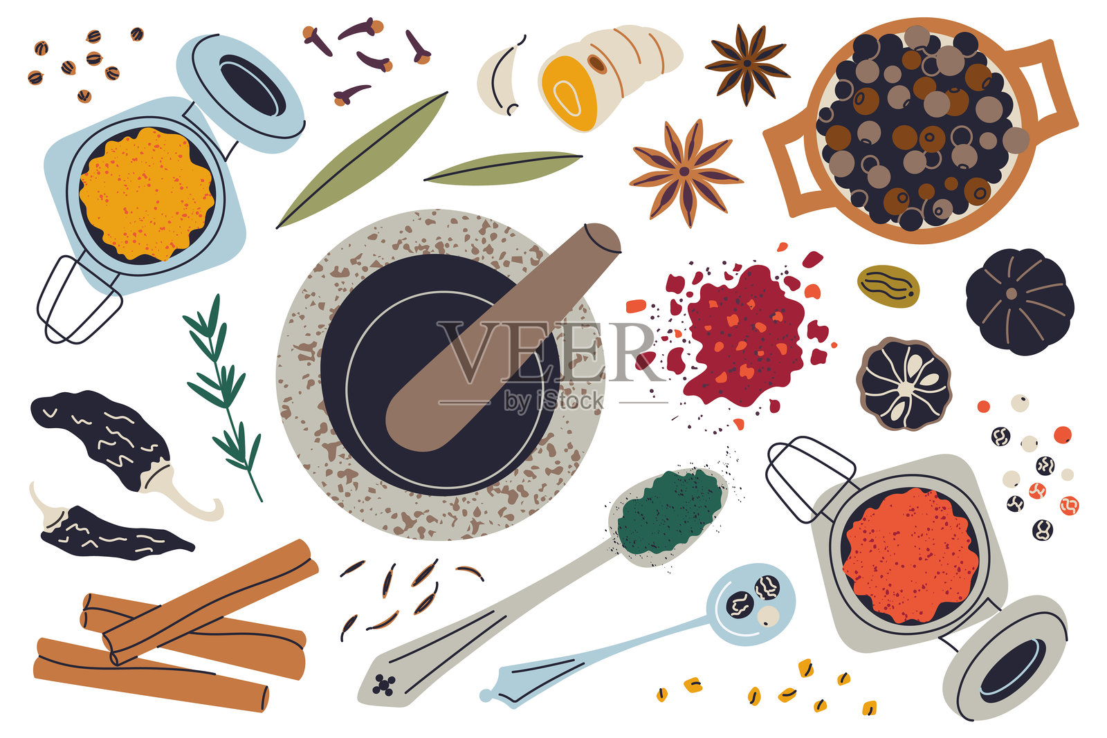 扁平卡通香料集合的矢量插图,包含研钵、杵以及丁香、肉桂、姜黄、八角等色彩丰富的配料。非常适合食品设计、调味和厨房装饰。插画图片素材
