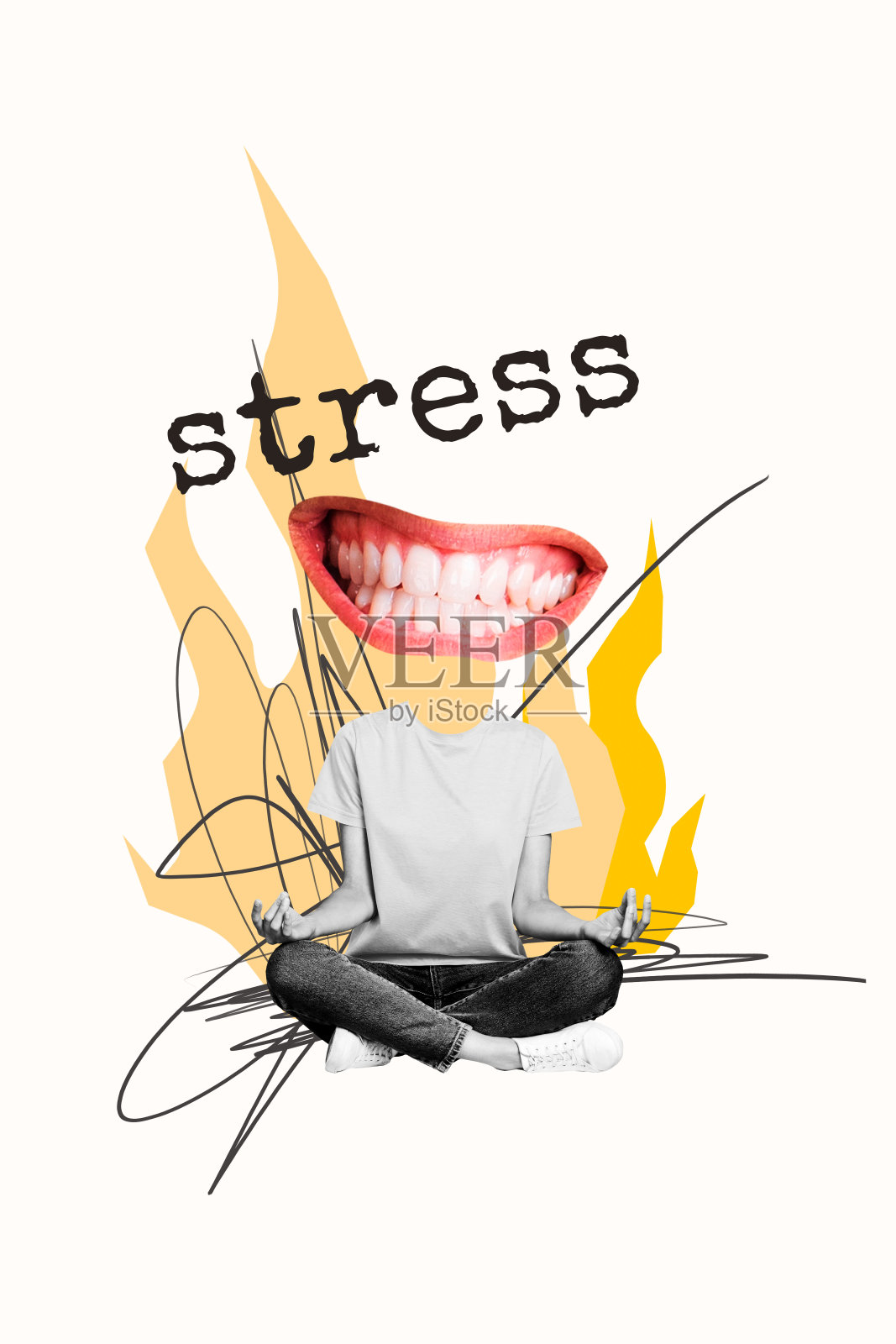 趋势艺术创意草图 3D 照片拼贴,抽象的无头女性坐着冥想,平静的巨大嘴巴微笑,露出牙齿,压力混乱,心理学照片摄影图片