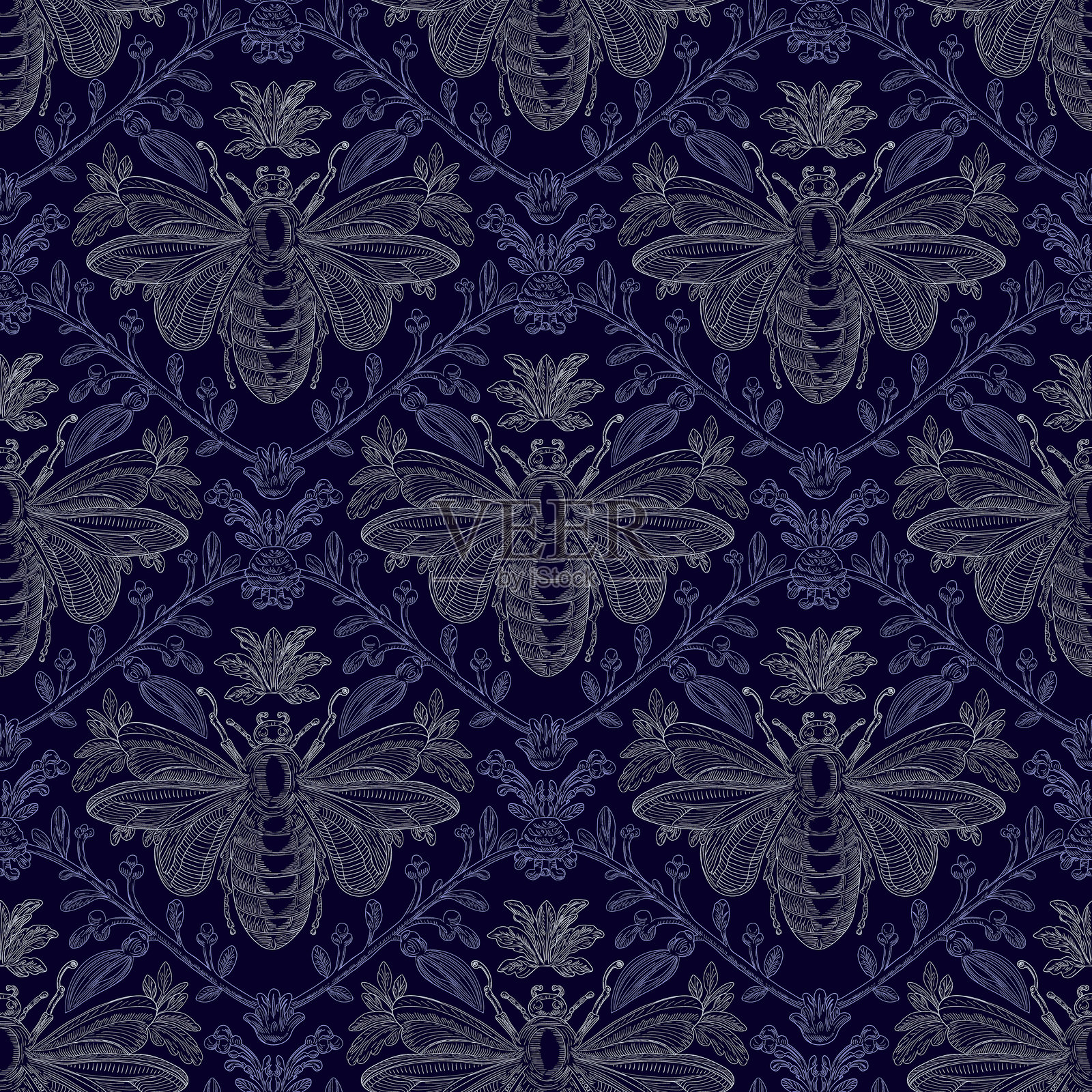 蜜蜂与花卉无缝图案:优雅的矢量插图,适用于面料、墙纸和包装设计插画图片素材