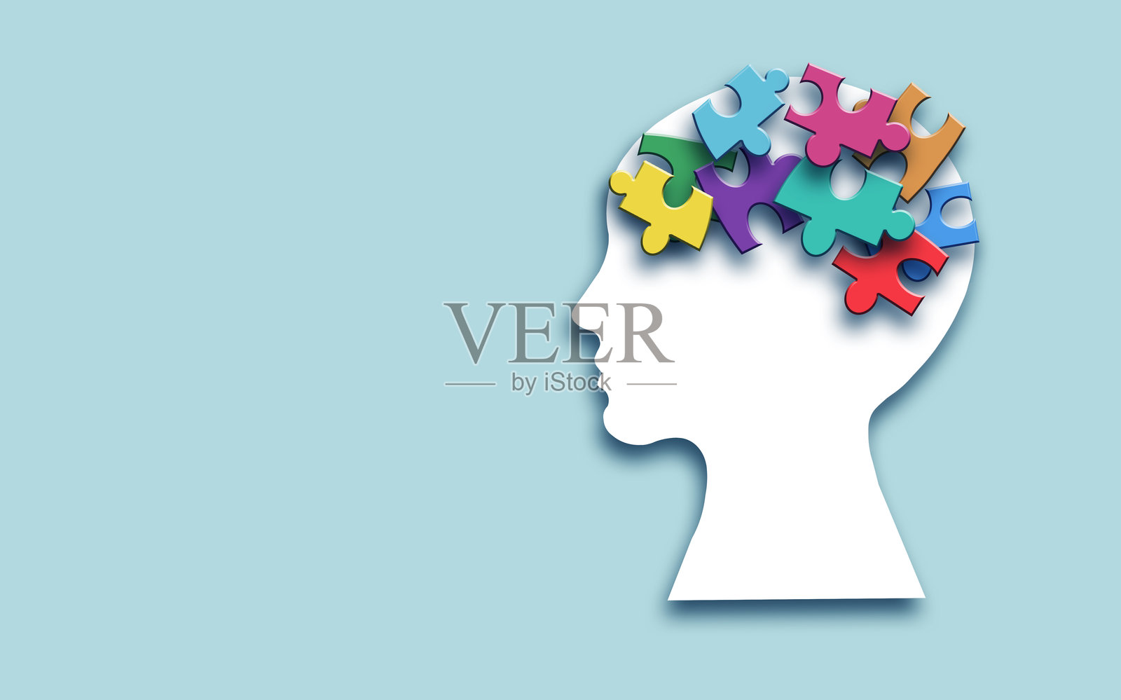 拼图脑,孤独症,记忆丧失,痴呆症和阿尔茨海默病意识,世界心理健康日概念。照片摄影图片