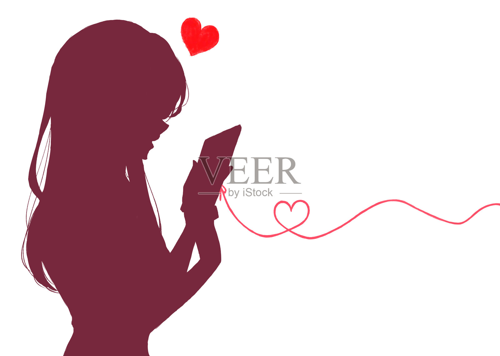 一个女人快乐地触摸她的智能手机的剪影插画图片素材