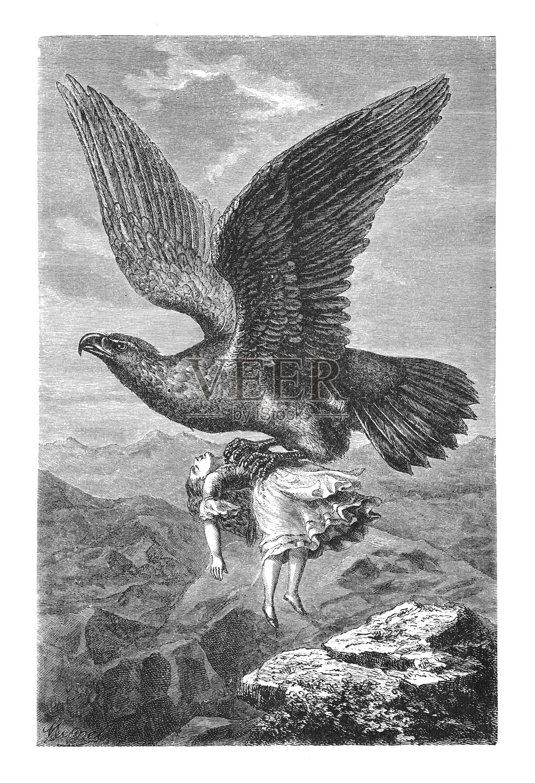 1838年阿尔卑斯山脉的鹰带走了玛丽·德莱克斯-在白色背景上孤立的复古雕刻插图插画图片素材