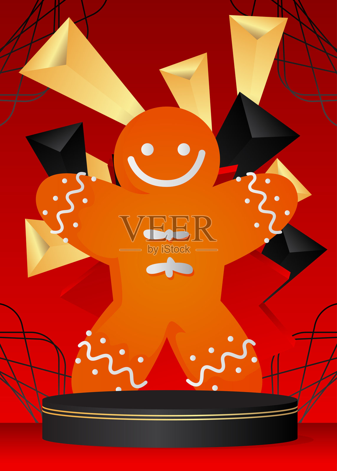 姜饼人圣诞饼干的产品展示模型。矢量圆柱形底座。展示台用于演示。简约几何形状。插画图片素材