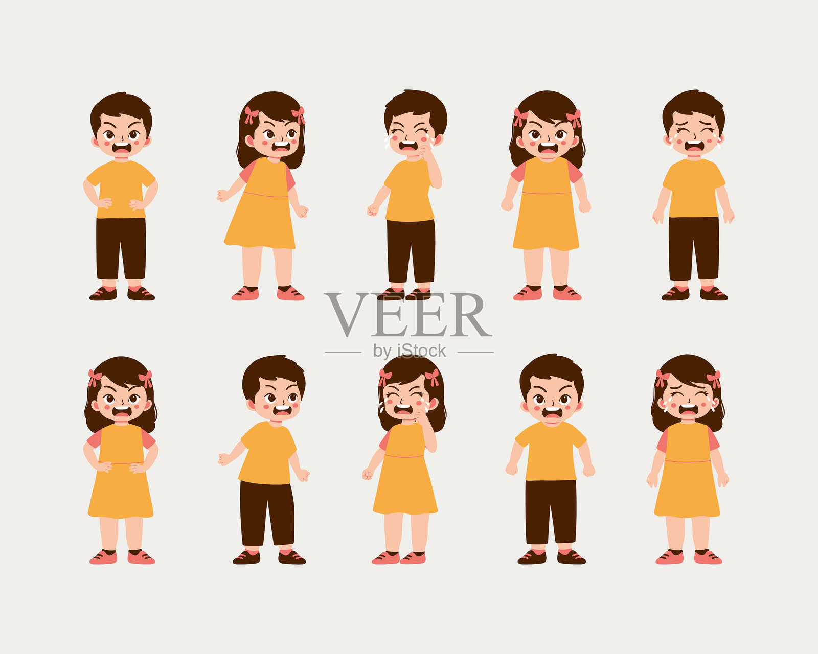 穿着黄色服装的男孩和女孩的情感表达插图,展现各种面部反应插画图片素材