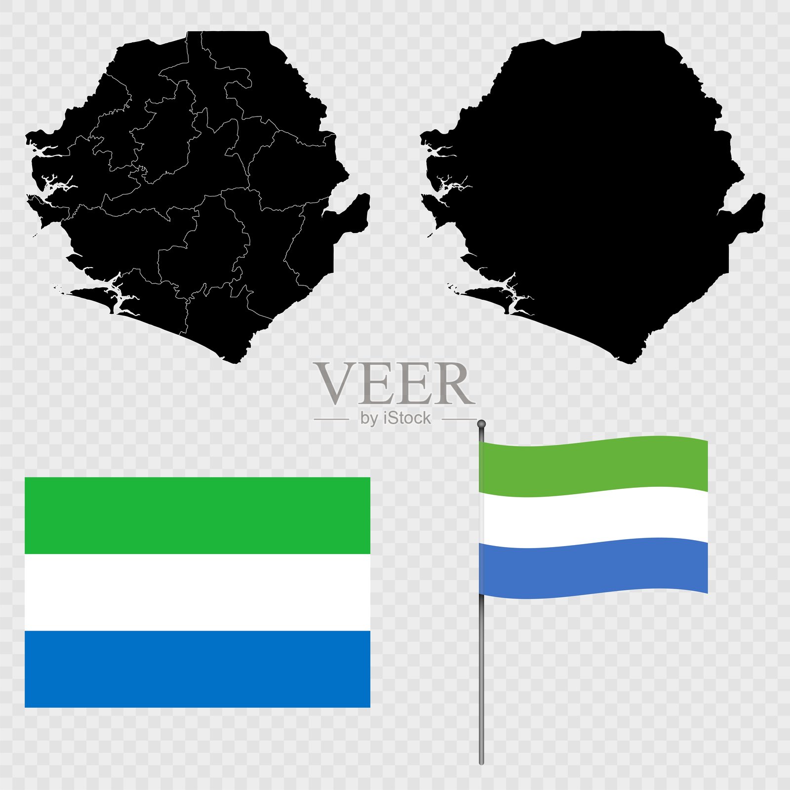 塞拉利昂的地图、国旗和旗杆矢量插图。插画图片素材