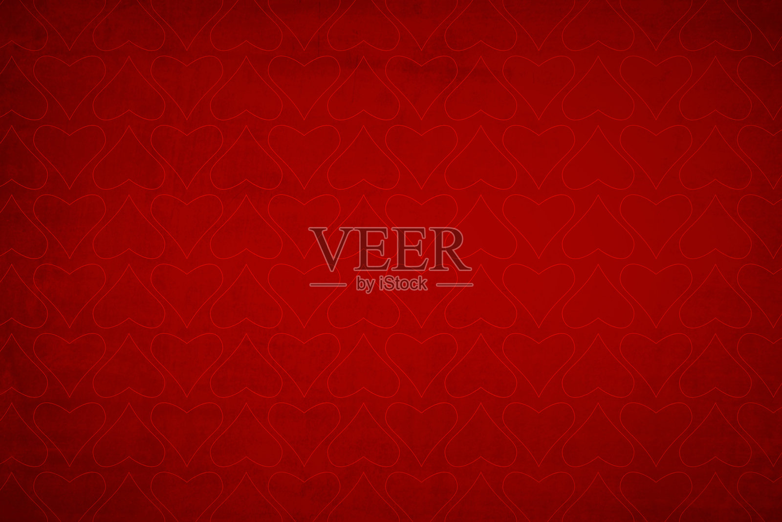 情人节红色深红色横向矢量背景 - 许多小轮廓心形图案排列成行,叠加在创意单色壁纸上,鲜艳的深红色背景上布满发光图案。插画图片素材