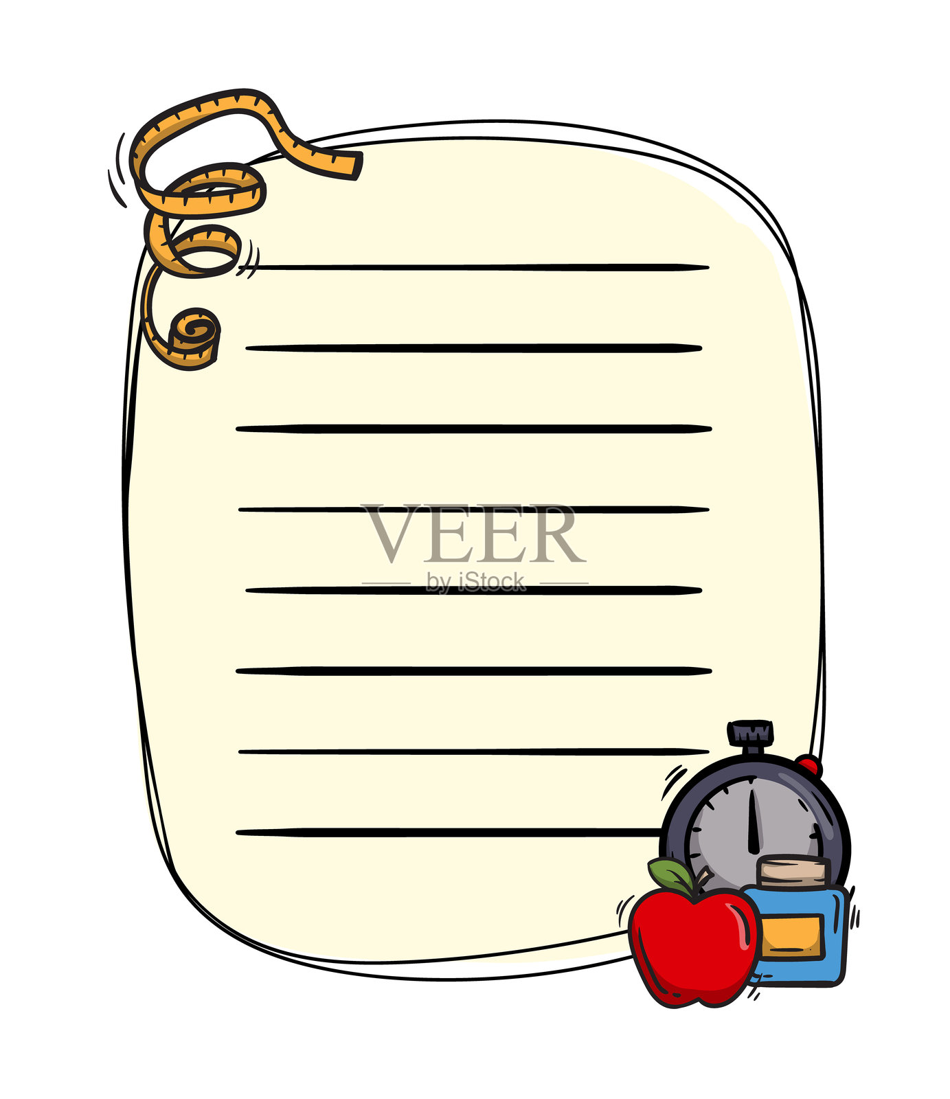 明亮的矢量记事本页面模板,包含秒表、运动营养、苹果和卷尺。手绘页面布局适用于笔记、运动训练日记、健身和健身房访问。插画图片素材