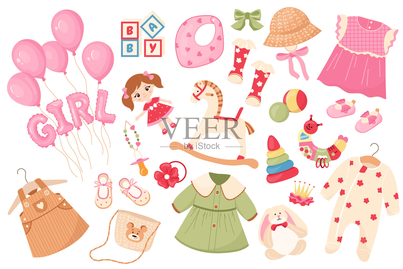 可爱的婴儿女孩服装、配饰、气球、马、洋娃娃和玩具的组合。设计元素非常适合婴儿洗礼邀请函、贺卡和派对装饰。适合庆祝活动的节日矢量设计,背景为透明。插画图片素材