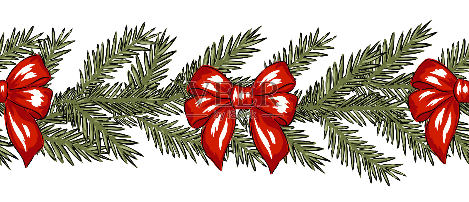 无缝图案边框装饰,绿色松枝和鲜艳红色蝴蝶结带设计插画图片素材