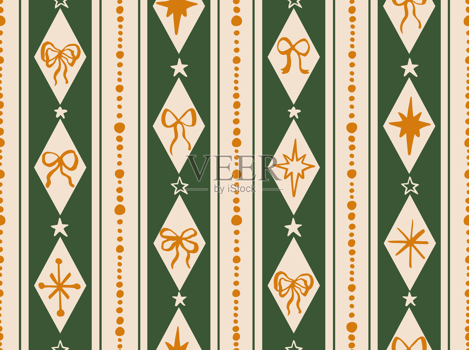 无缝圣诞图案,包含各种涂鸦风格的蝴蝶结和星星,呈菱形排列。插画图片素材