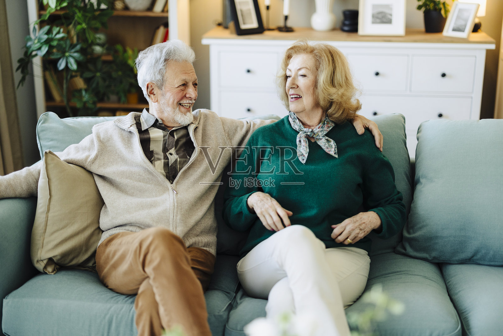 微笑的老年夫妇在家中的肖像照片摄影图片