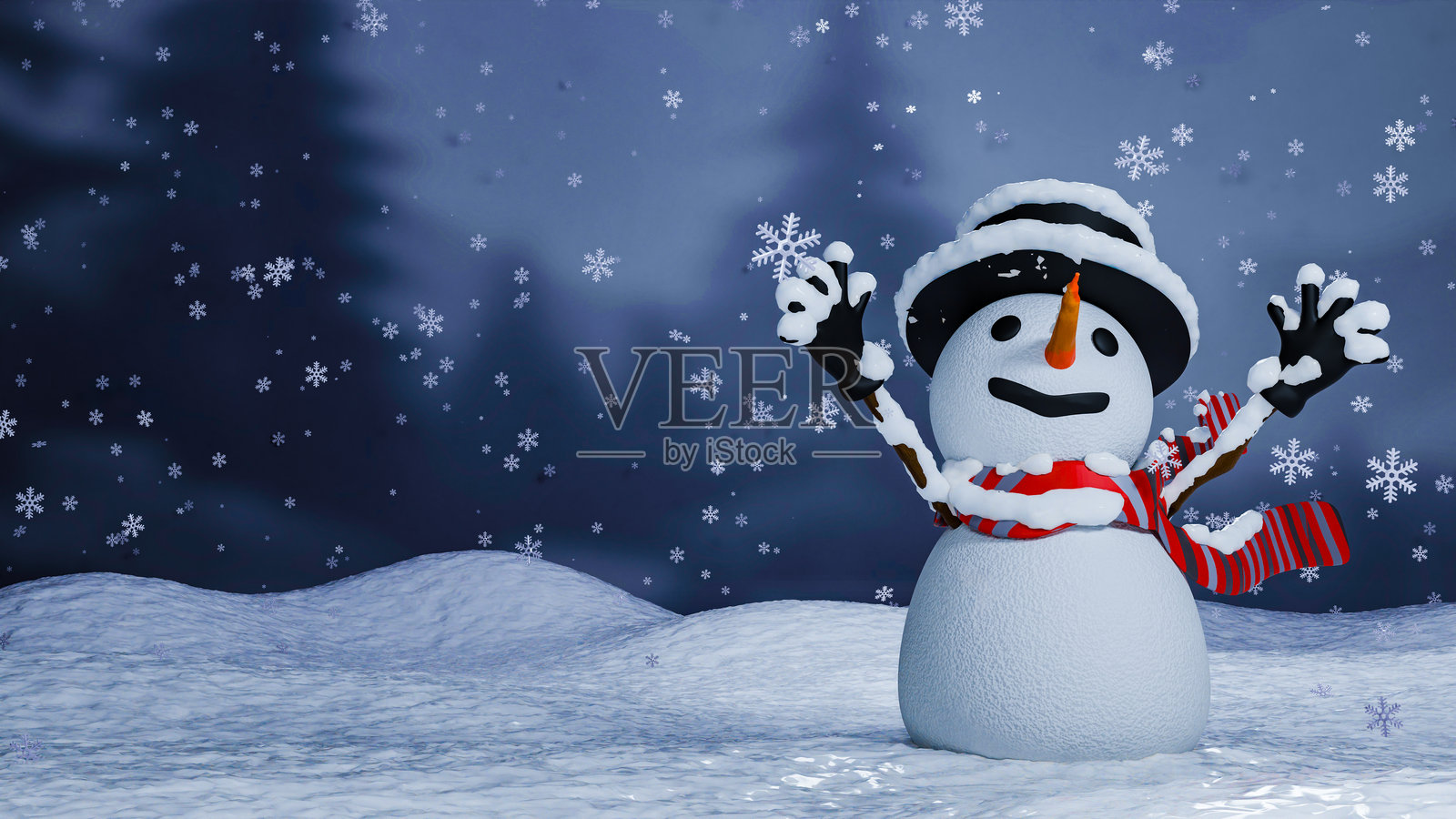 快乐的雪人在冬季仙境中,伴随着飘落的雪花,圣诞节的节日夜晚照片摄影图片