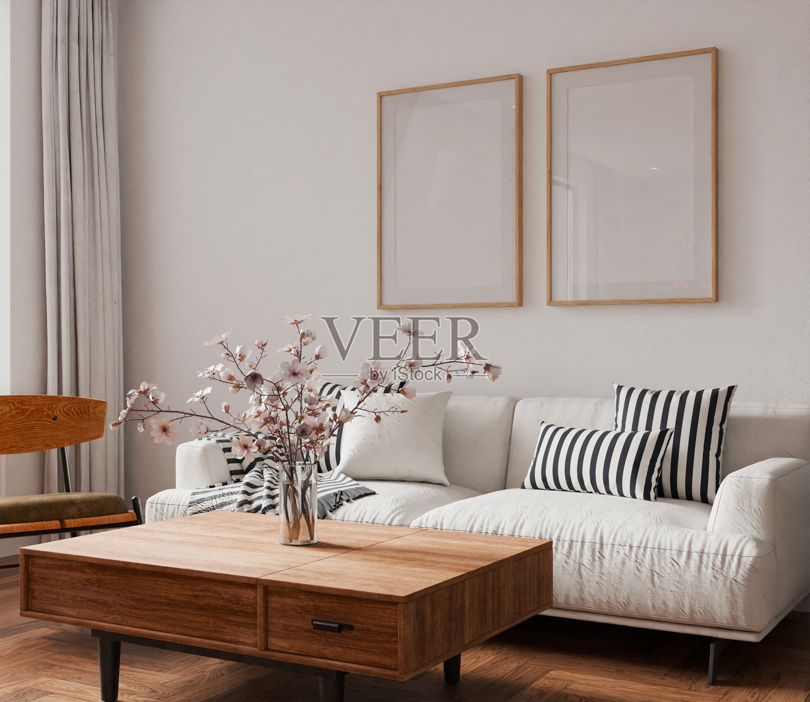 室内客厅模型,两幅空白海报框架,家居设计,室内设计元素模型,农舍与现代风格混合,空白框架3D渲染照片摄影图片