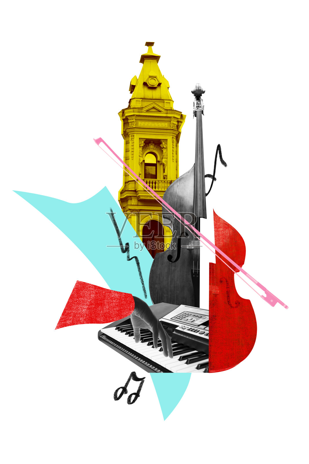海报。现代艺术拼贴。明亮的黄色历史教堂塔楼、低音大提琴和键盘以色彩斑斓的抽象排列庆祝音乐。照片摄影图片