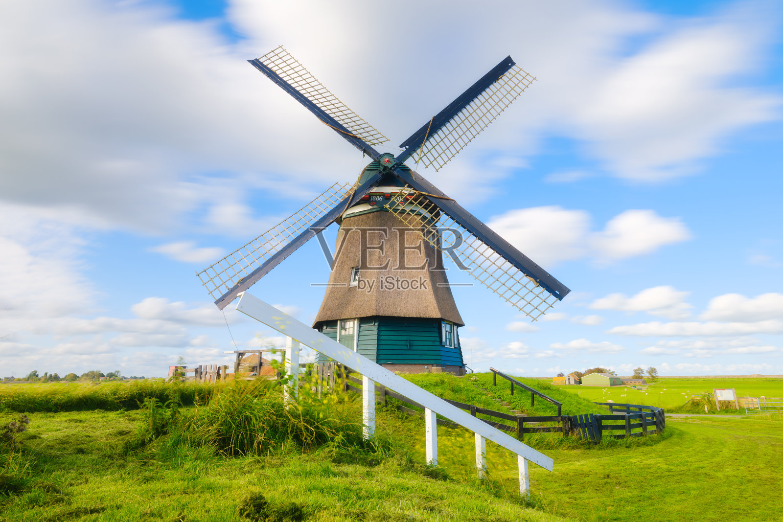 风车的风景。荷兰。农业田野和牧场。荷兰的夏季风景。适合用作背景、壁纸和明信片的照片。照片摄影图片