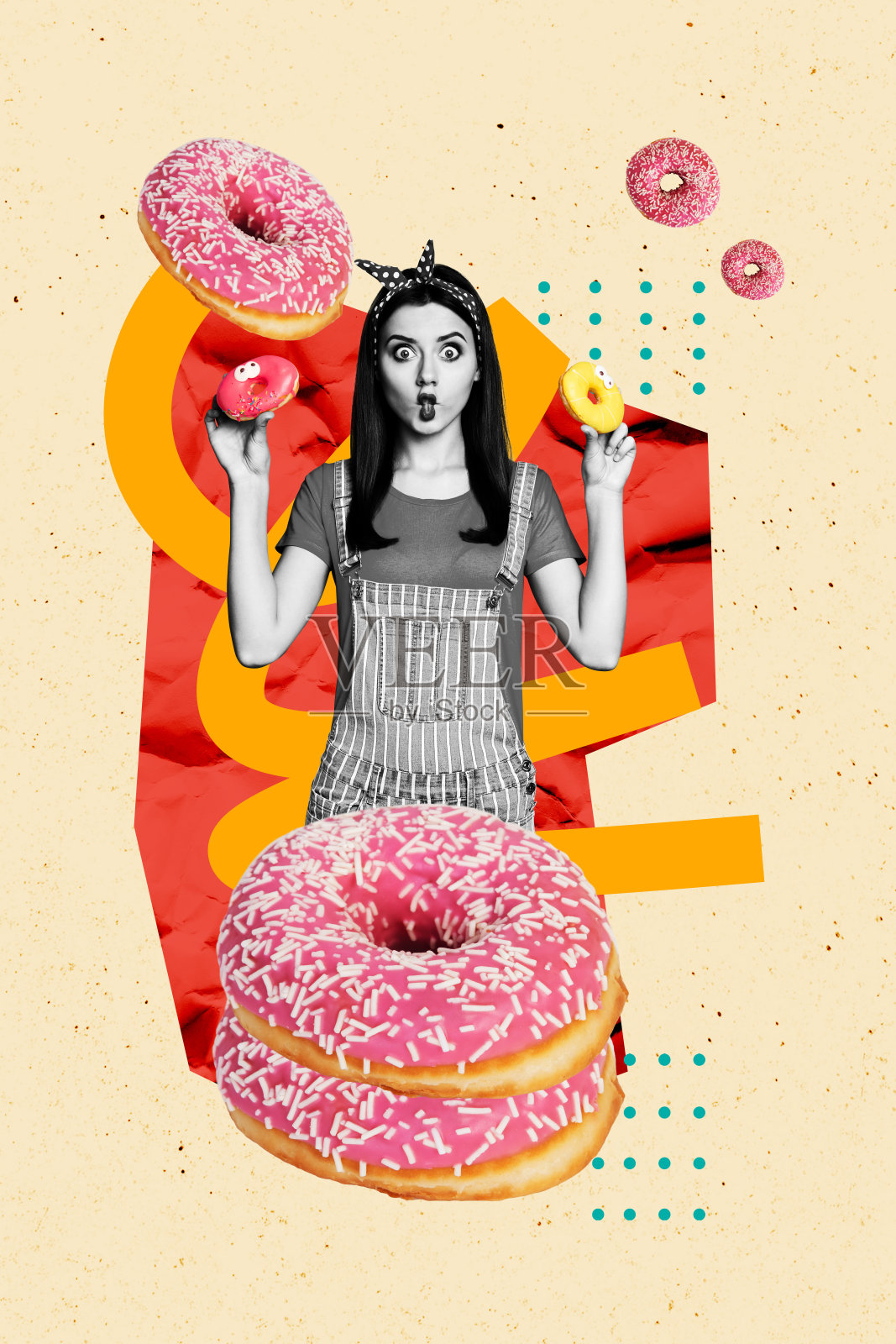 年轻女士傻乎乎的表情,手里拿着甜甜圈,解决饮食问题的3D照片拼贴艺术作品。照片摄影图片