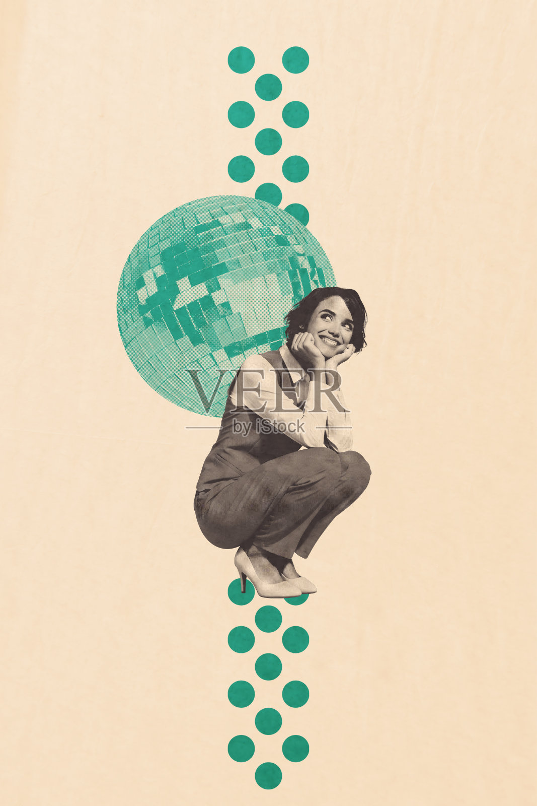 快乐女孩坐在迪斯科球旁,参加迪斯科派对庆祝,周五放松娱乐,背景为涂鸦风格的画面。照片摄影图片