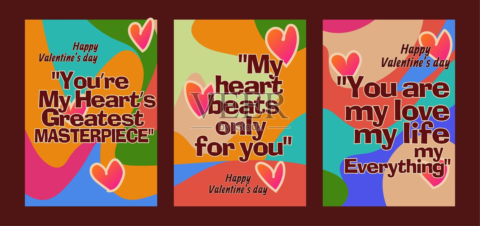 时尚的情人节卡片,带有红色心形图案。情人节贺卡套装,包含示例文本、红色心形和抽象背景的模板矢量插图。插画图片素材