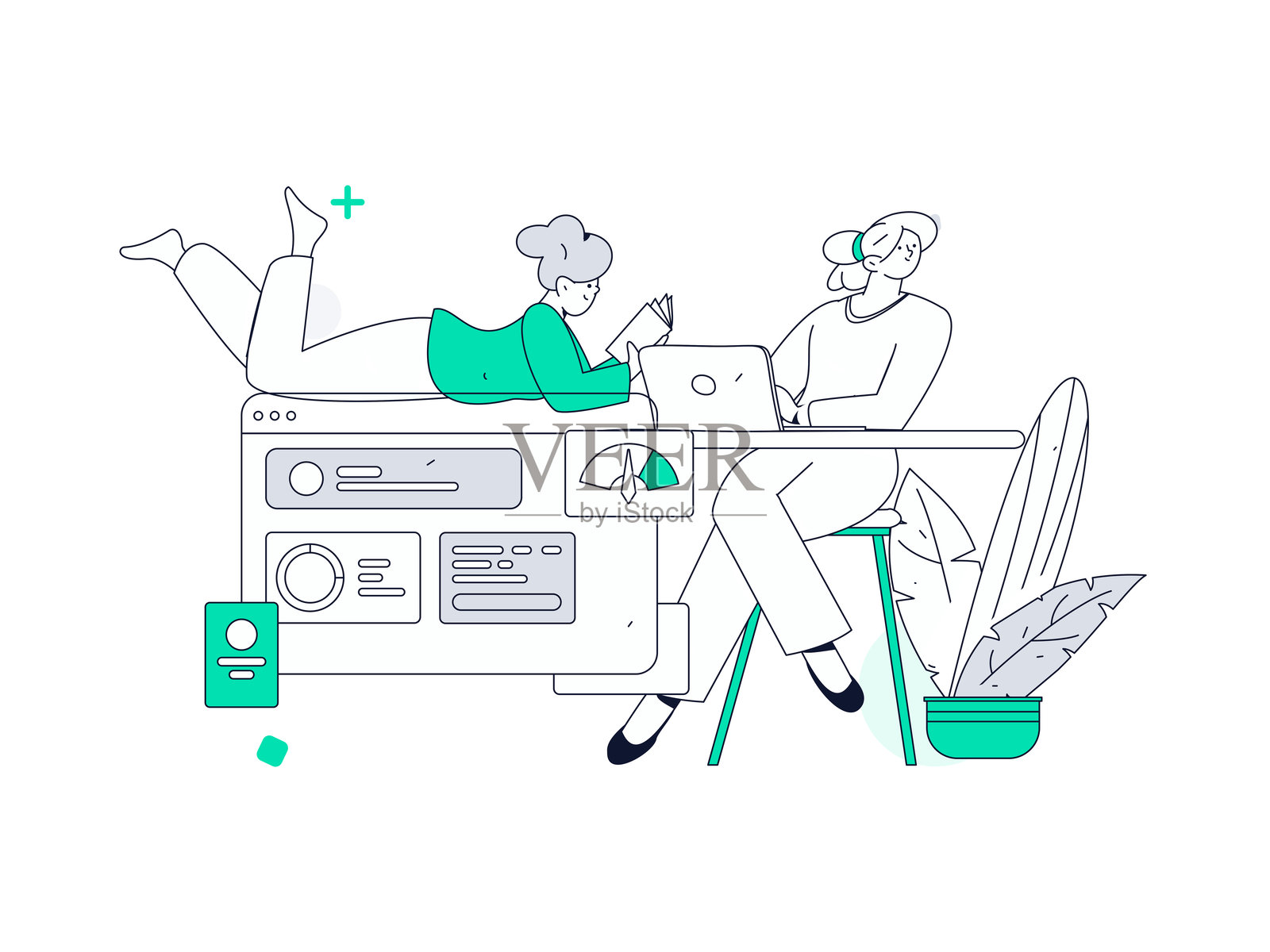 平面矢量插图展示商务人士在工作场景中操作插画图片素材