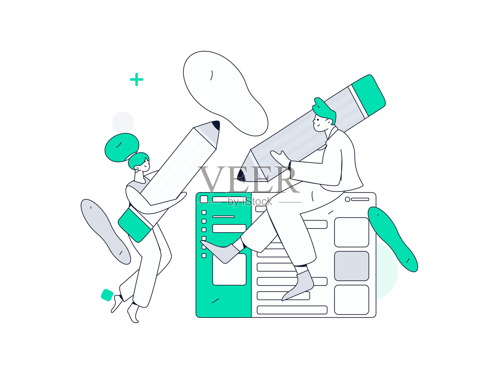 平面矢量插图展示商务人士在工作场景中操作插画图片素材