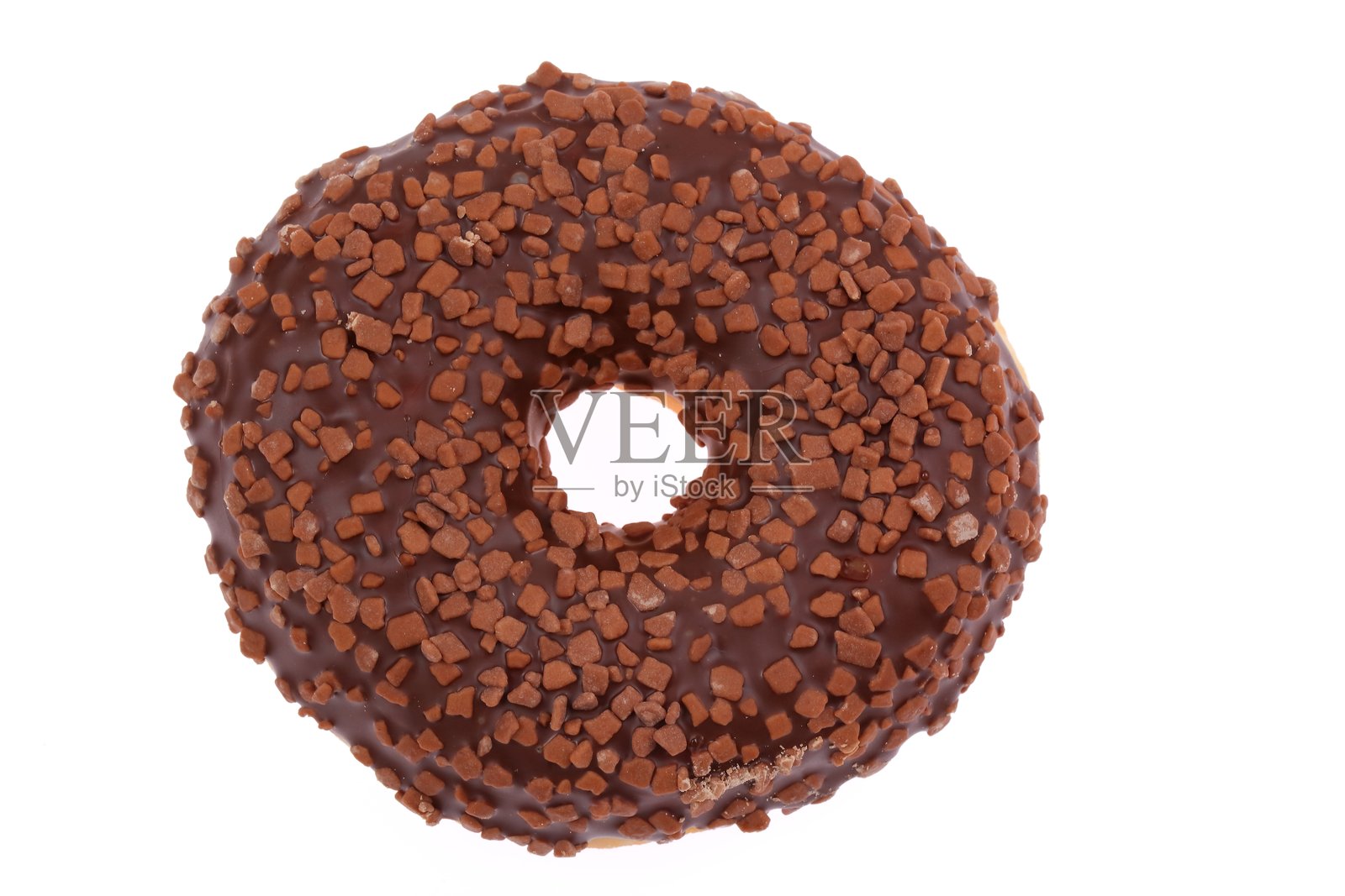 一款美味的巧克力甜甜圈,上面慷慨地撒满了五彩缤纷的糖屑,定会让你感到愉悦。照片摄影图片