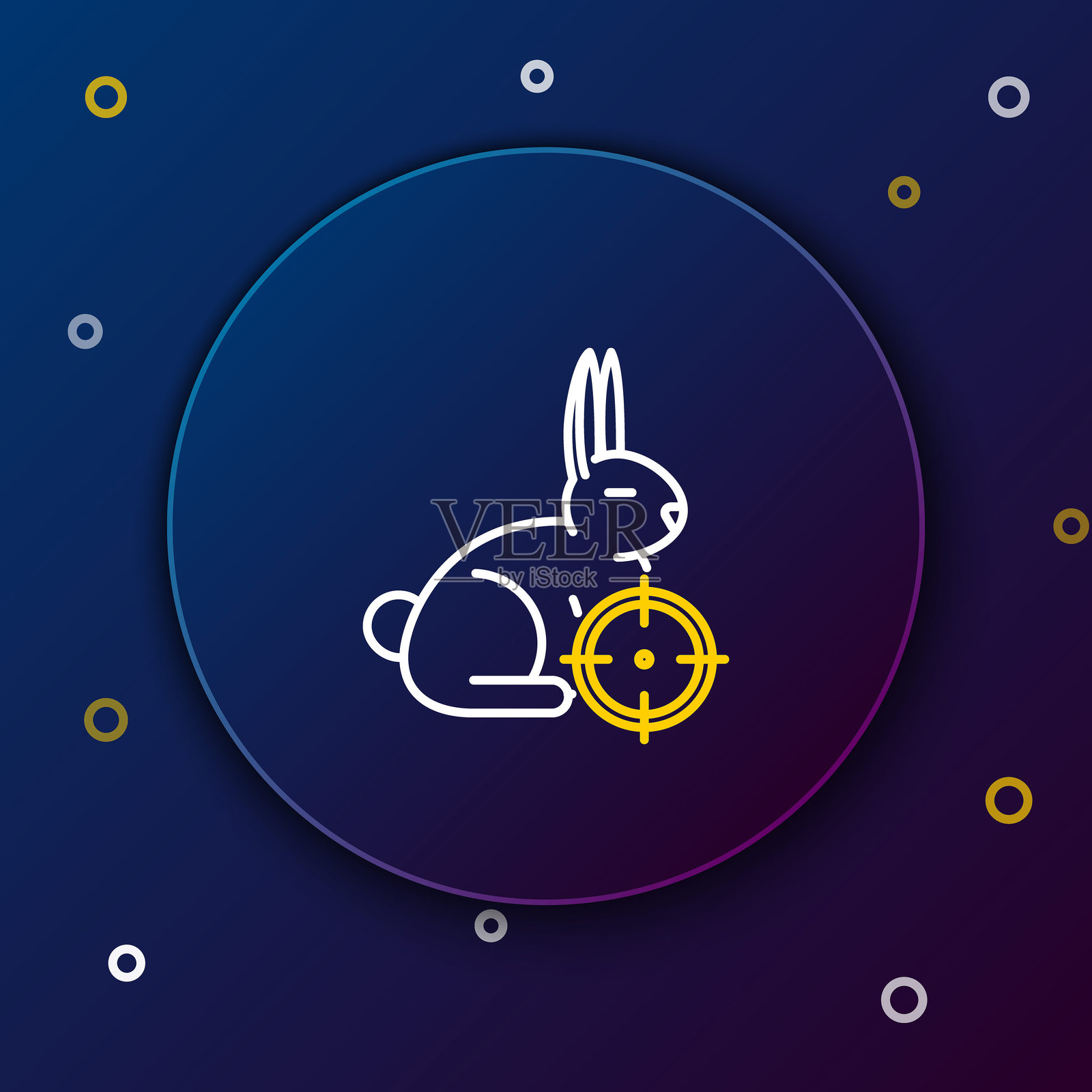 深蓝色背景上的白色和黄色线条猎兔图标,带有十字准星。猎人俱乐部标志,包含兔子和靶子。步枪镜头瞄准一只野兔。色彩丰富的轮廓概念。矢量插图。插画图片素材